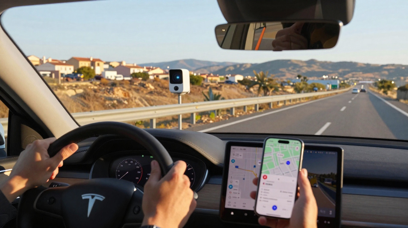 Pessoa dirigindo carro Tesla com aplicativo de navegação aberto no celular em estrada aberta.