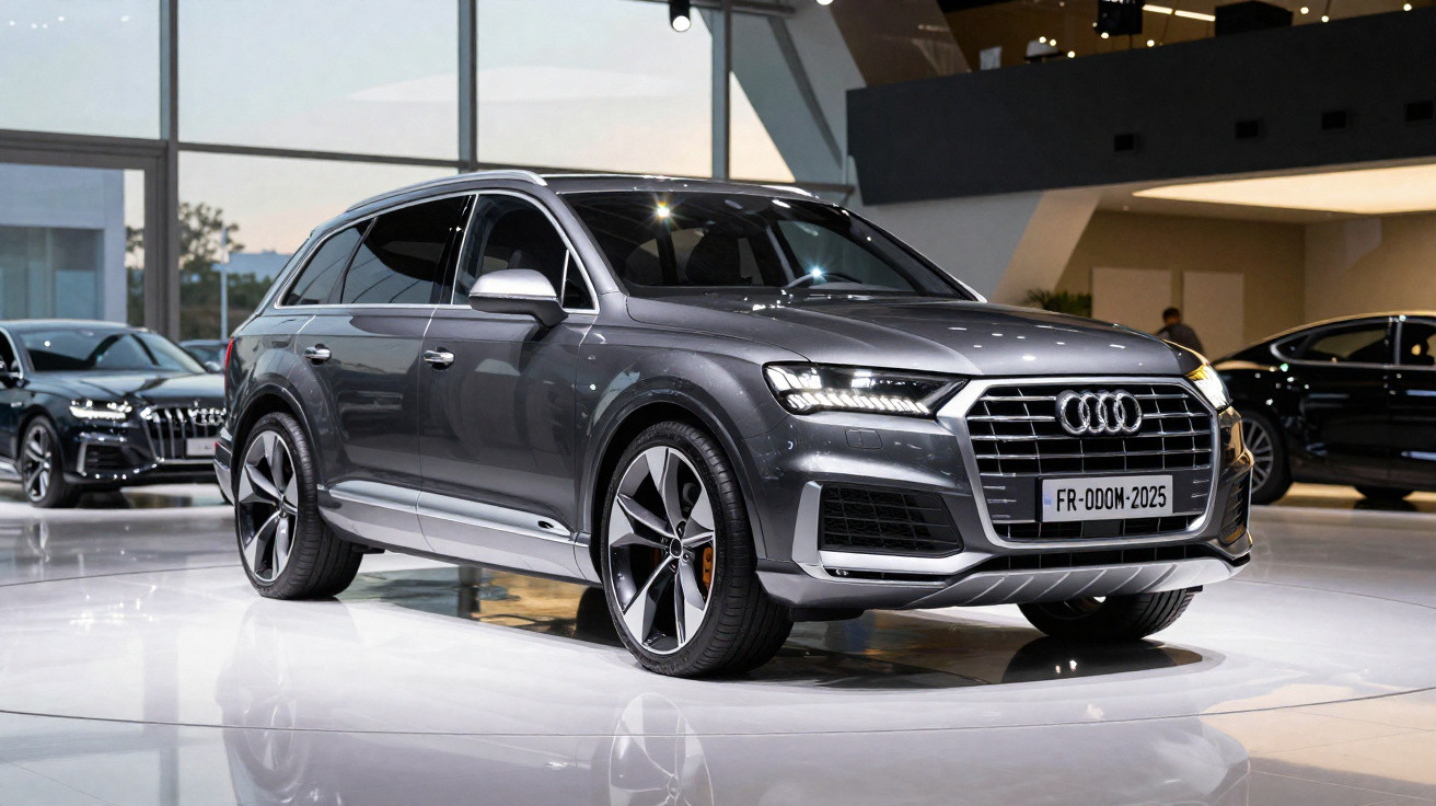 SUV Audi Q7 cinza estacionado dentro de showroom moderno com iluminação suave e carros ao fundo.