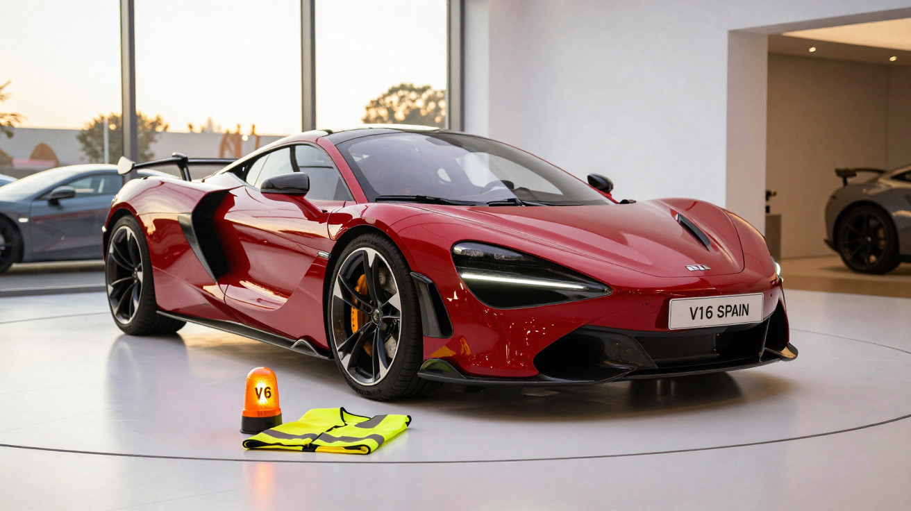 Carro esportivo vermelho McLaren em showroom com colete amarelo e sinalizador laranja no chão.