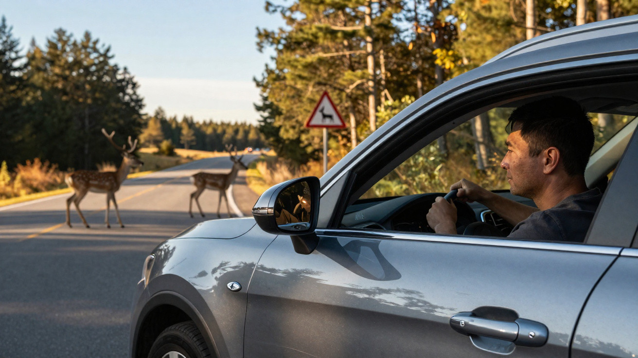 Homem em carro parado observa dois cervos passando na estrada com placa de alerta de animais silvestres.