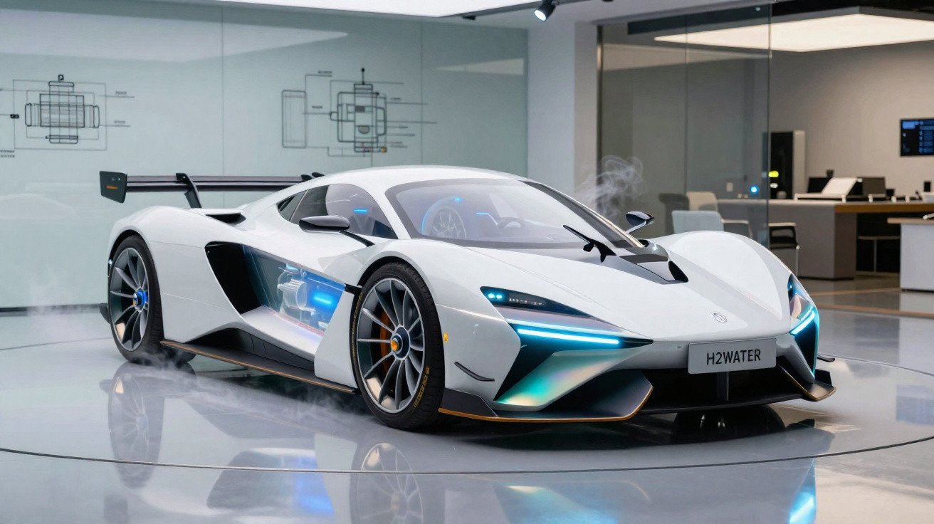 Carro esportivo branco futurista com luzes azuis em estúdio moderno com parede de vidro ao fundo.