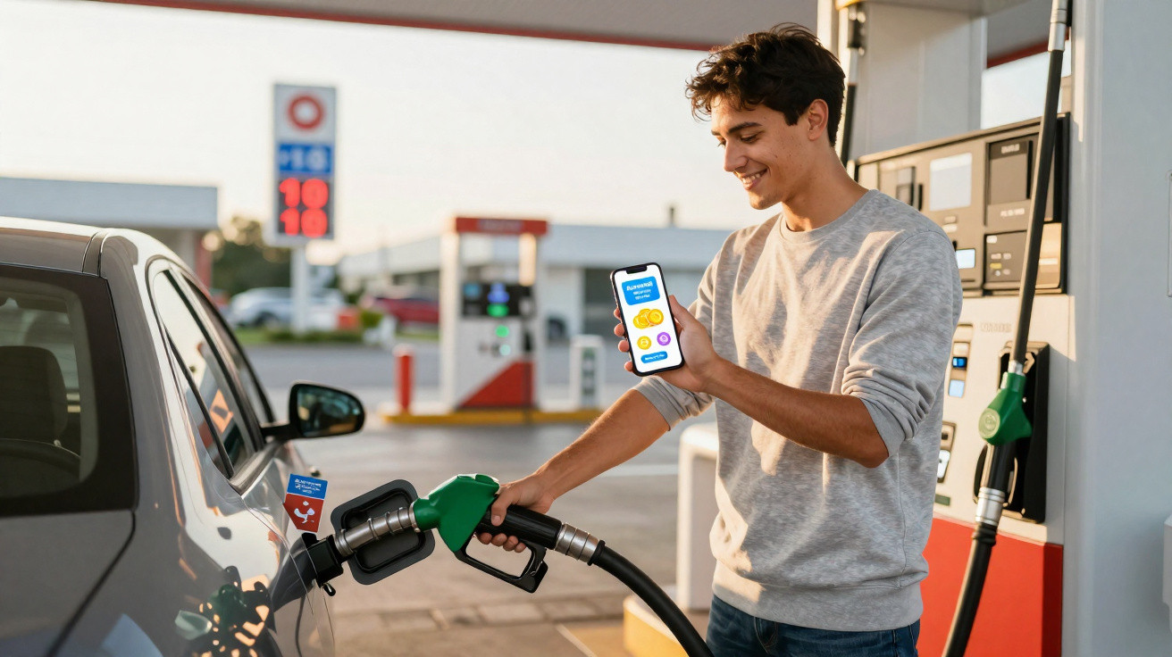 Jovem abastecendo carro em posto de gasolina enquanto segura celular com aplicativo aberto.