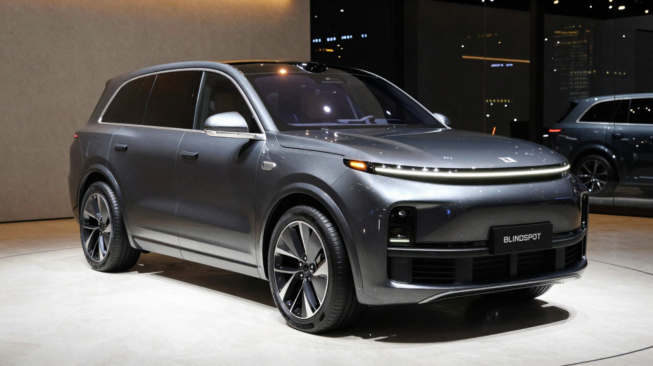 Carro SUV elétrico cinza escuro modelo Blindspot exibido em salão de automóveis com iluminação ambiente.