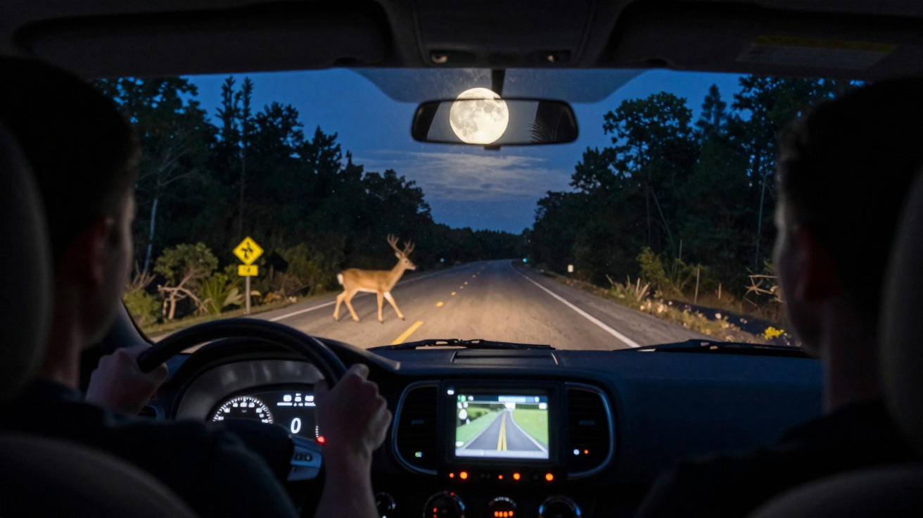 Motorista observa veado cruzando estrada à noite sob lua cheia, visto do interior do carro.