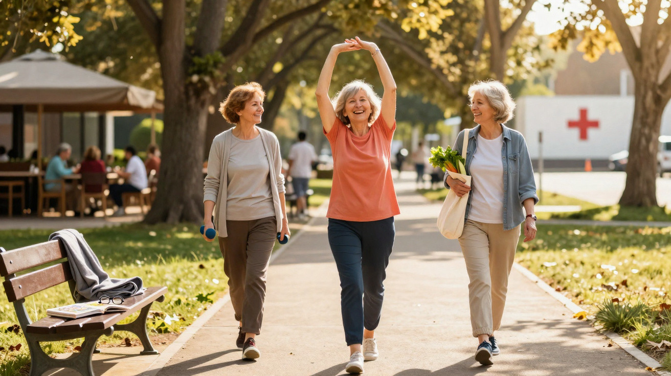 Três mulheres sorrindo e caminhando em parque ensolarado com árvores e bancos ao redor.