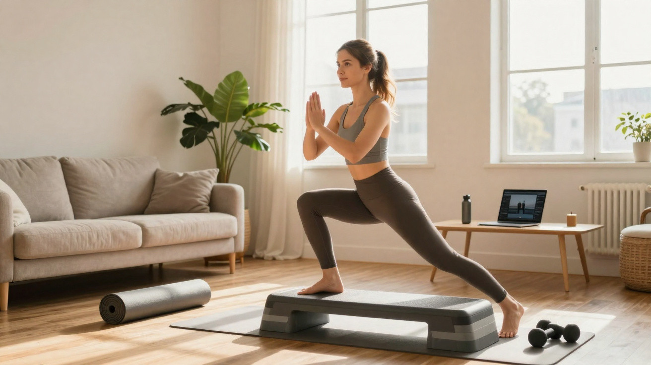 Mulher fazendo exercício de alongamento em casa usando step, com laptop e halteres ao lado.