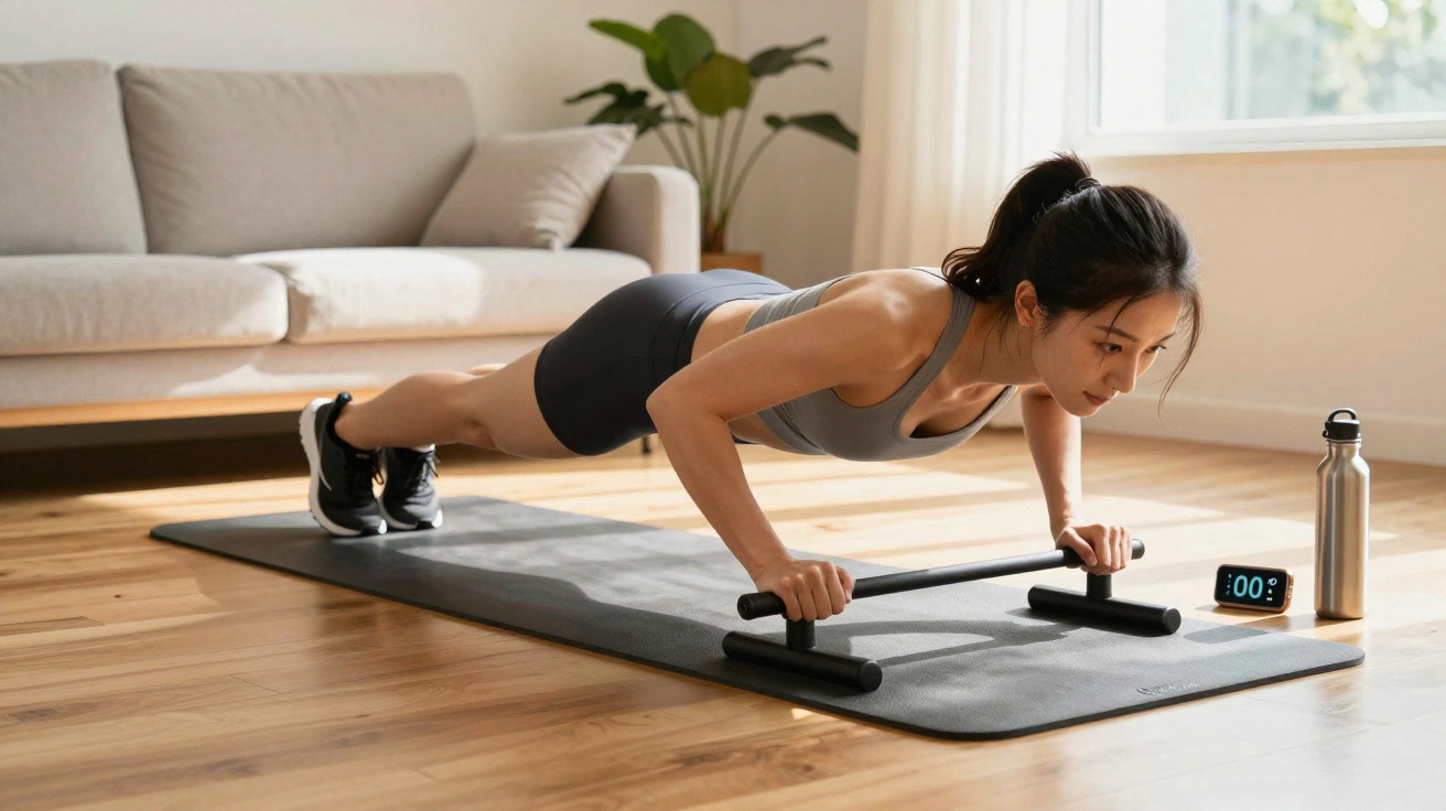 Mulher fazendo flexão com barras de apoio em tapete de exercício na sala iluminada.