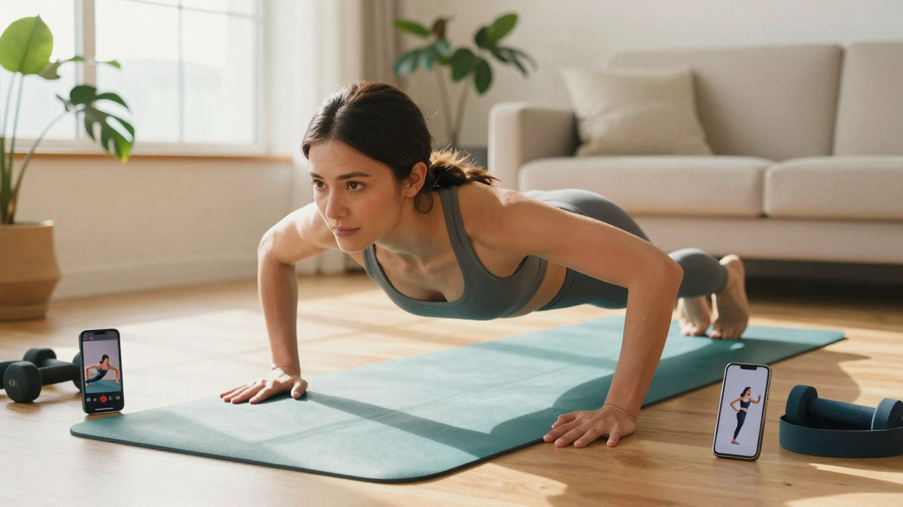 Mulher fazendo flexão no tapete de yoga assistindo treino pelo celular na sala de casa.