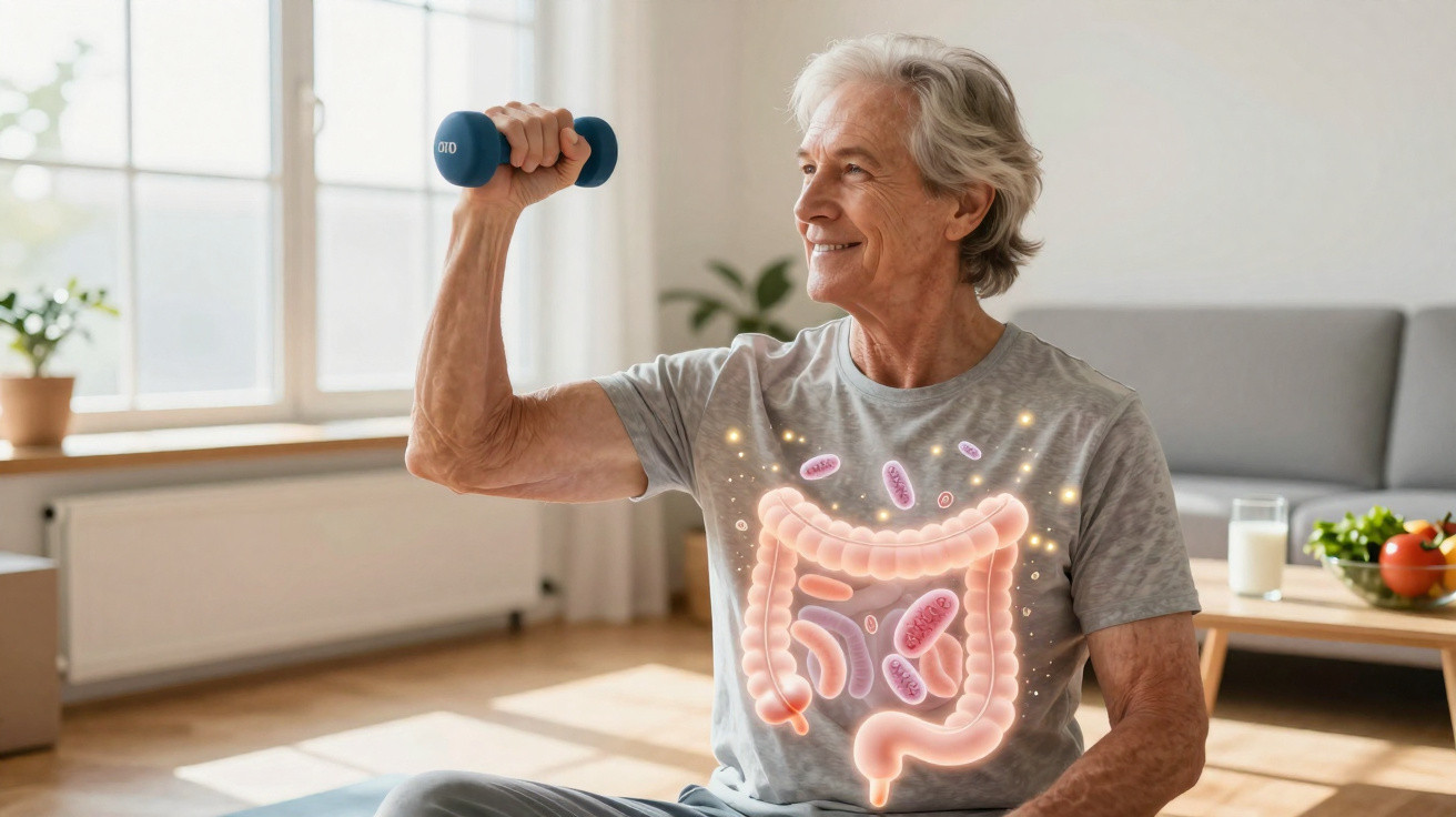 Homem idoso sorrindo enquanto faz exercício com halteres, com ilustração do intestino e microbiota sobre o corpo.