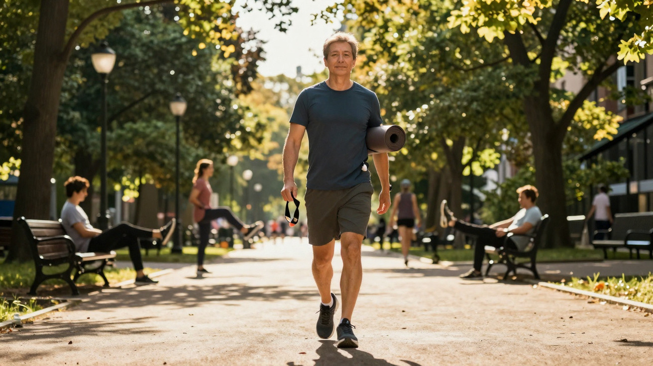 Homem caminhando no parque com tapete de yoga debaixo do braço em dia ensolarado.