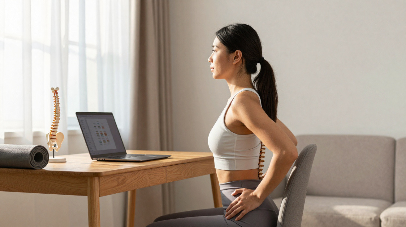 Mulher executando exercício de postura sentada em cadeira, com modelo de coluna e laptop na mesa à frente.
