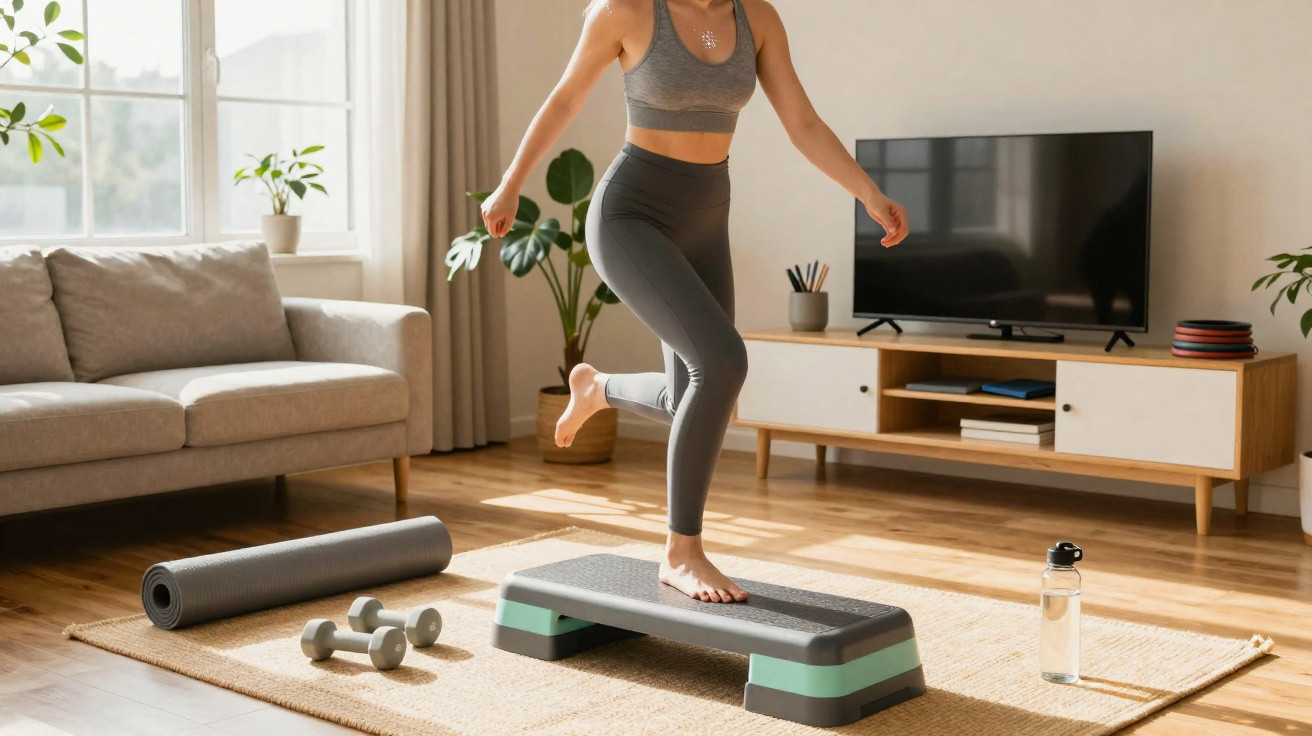 Mulher treinando em casa com step, colchonete, halteres e garrafa de água na sala iluminada.