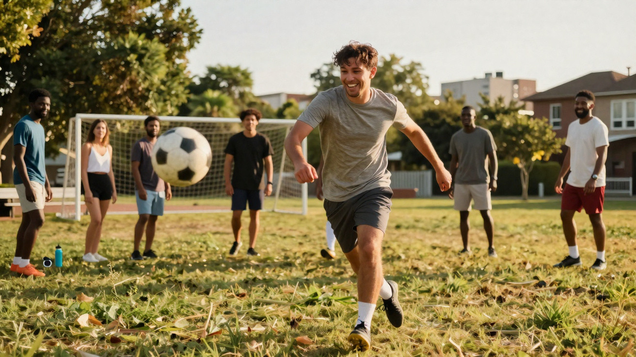 Jovem sorridente correndo para chutar bola de futebol com amigos ao fundo em campo gramado.