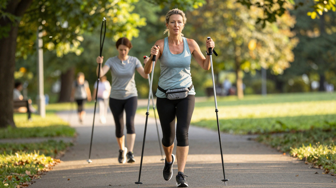 Duas mulheres praticando caminhada com bastões em parque durante dia ensolarado, com árvores ao fundo.