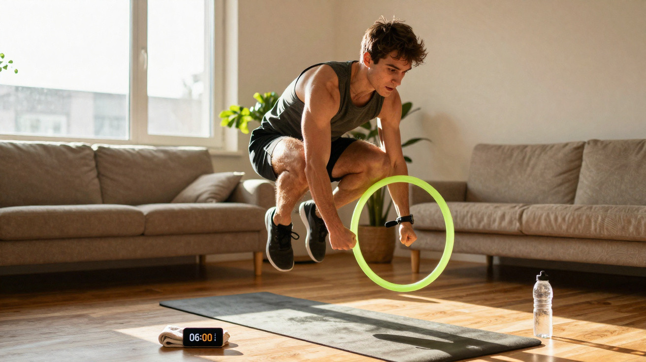 Homem pulando aro verde no tapete de exercícios em sala com sofá e garrafa d'água.