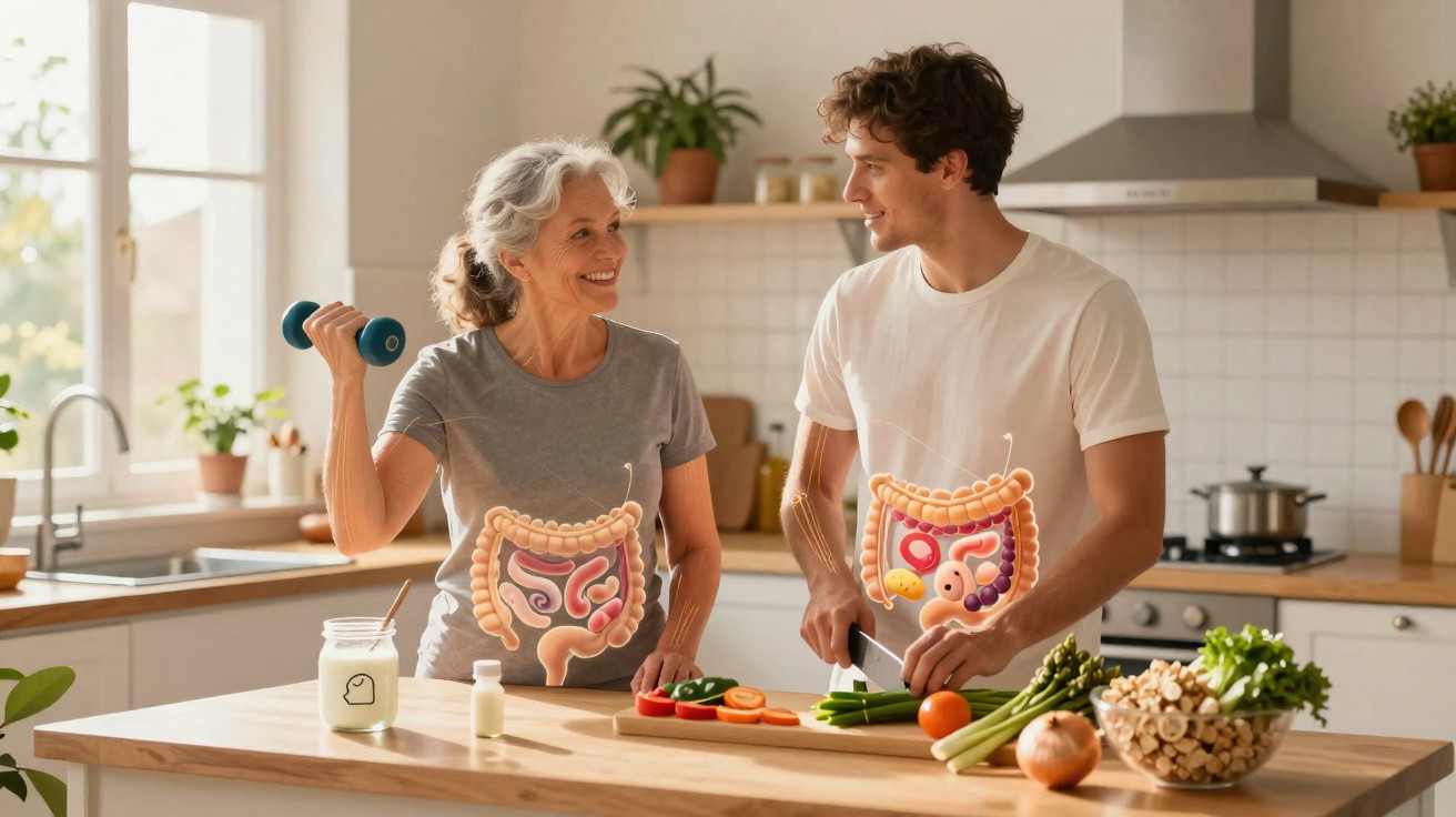 Mulher e homem na cozinha com sobreposição de imagens do sistema digestivo, preparando alimentos e se exercitando.