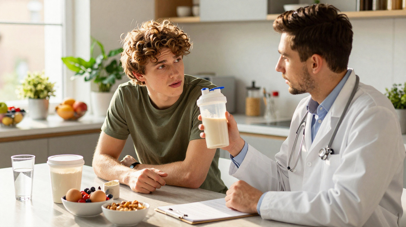 Homem jovem conversa com médico que segura copo com suplemento alimentar em cozinha iluminada.