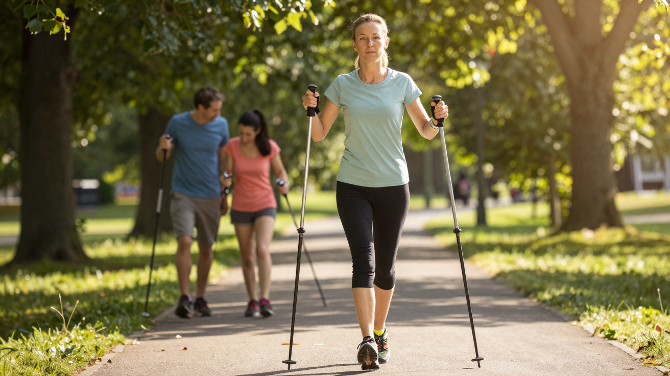 Mulher caminhando com bastões em parque, com casal ao fundo também praticando caminhada.