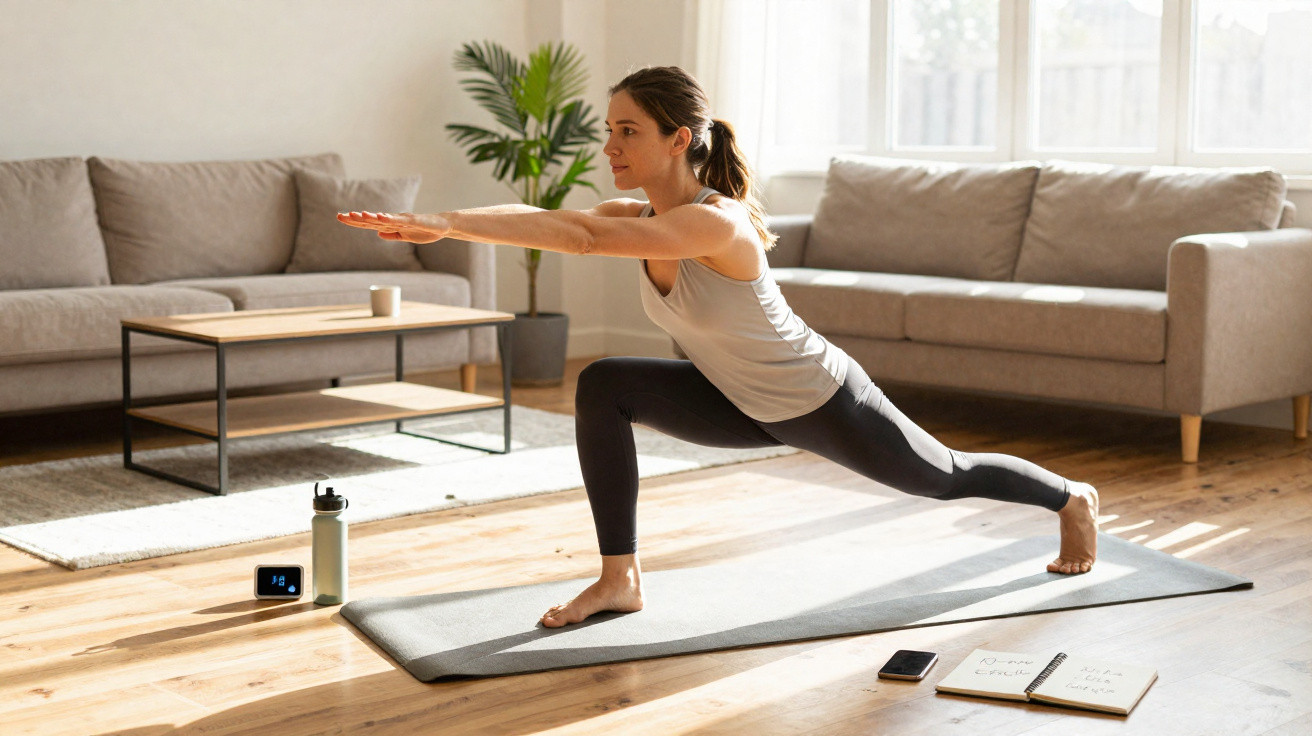 Mulher fazendo exercício de alongamento em tapete de yoga na sala com sofá e planta ao fundo.
