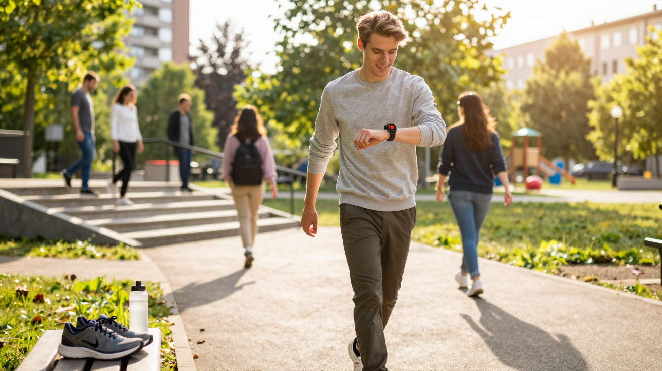 Jovem caminhando em parque urbano ensolarado, olhando relógio no pulso, com outras pessoas ao fundo.