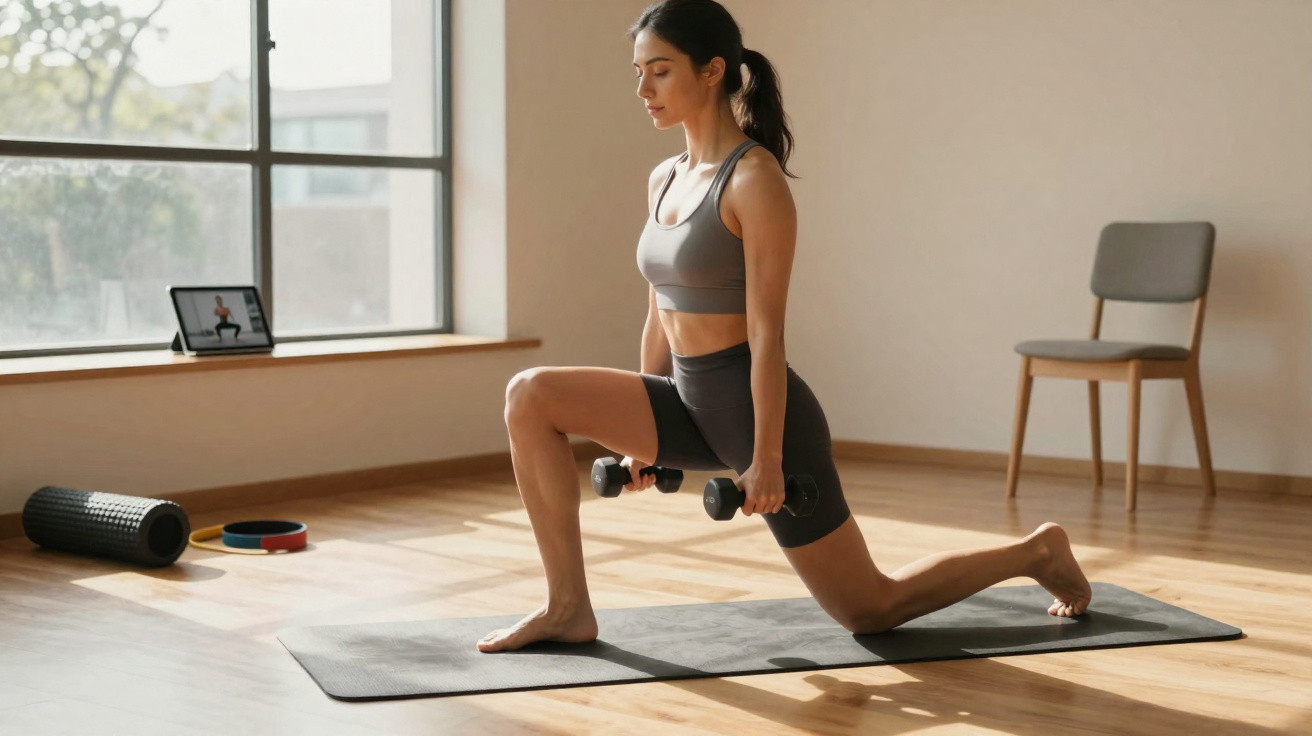 Mulher fazendo exercício de avanço com halteres em tapete de yoga em ambiente interno iluminado.