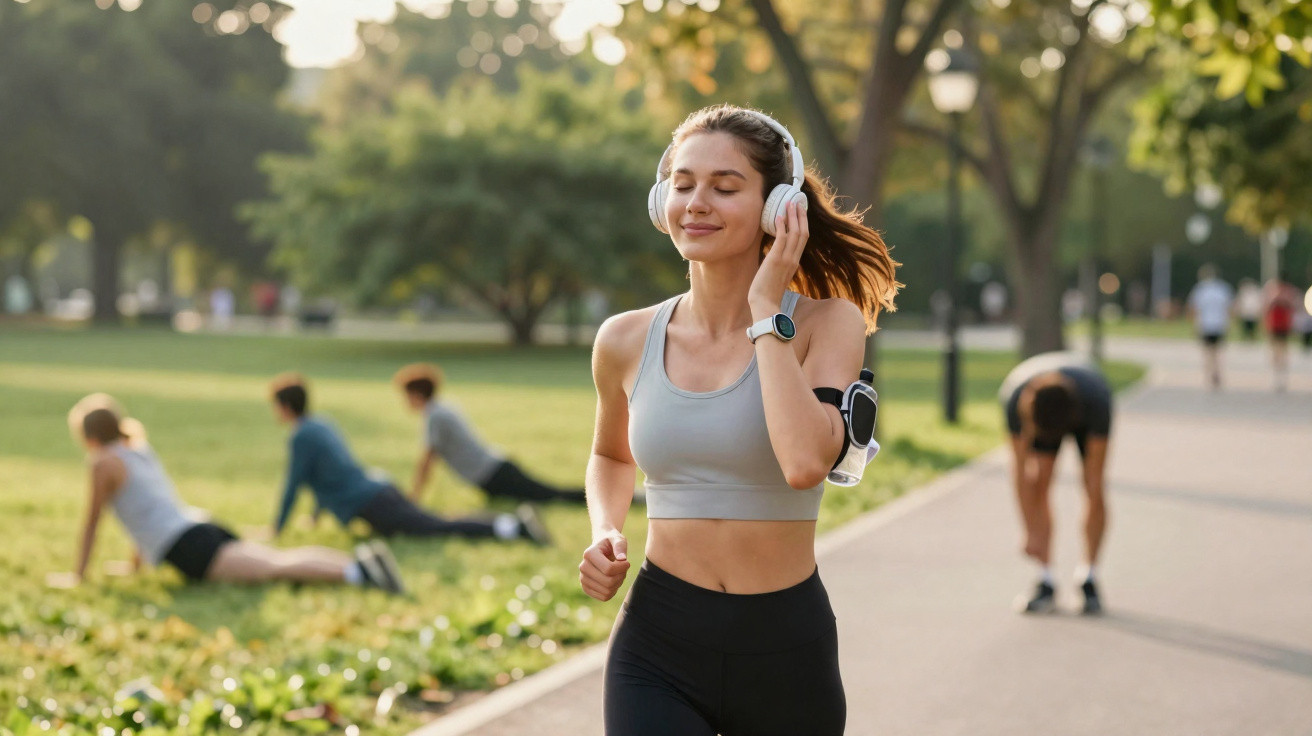 Mulher correndo ao ar livre com fones de ouvido, parecendo relaxada e feliz em parque ensolarado.