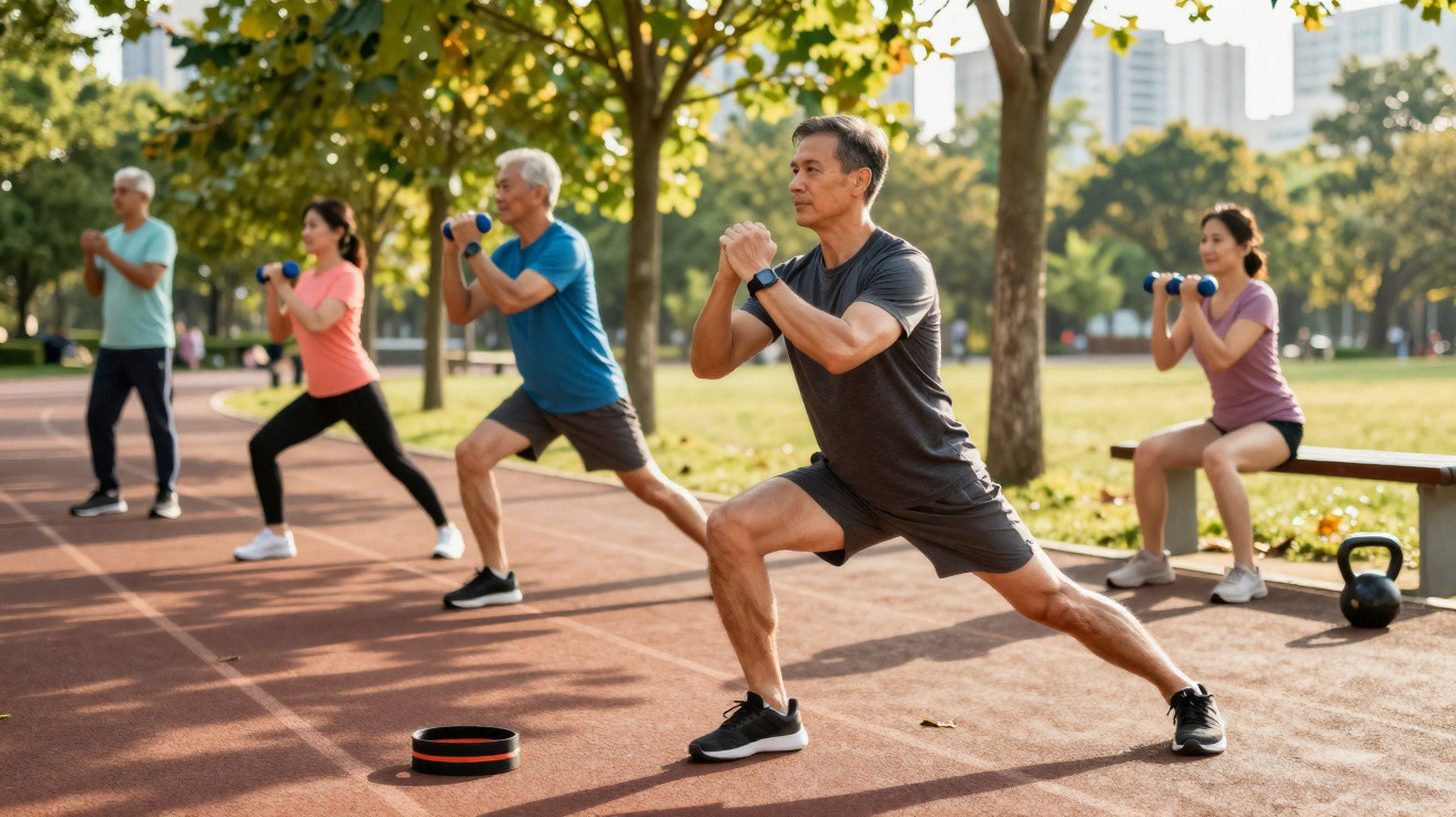 Grupo de adultos praticando exercícios físicos ao ar livre em parque ensolarado.