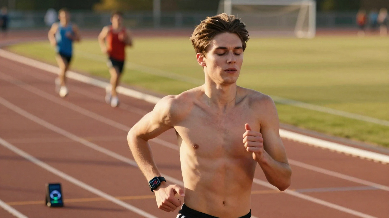 Atleta masculino correndo em pista de atletismo ao ar livre durante competição.