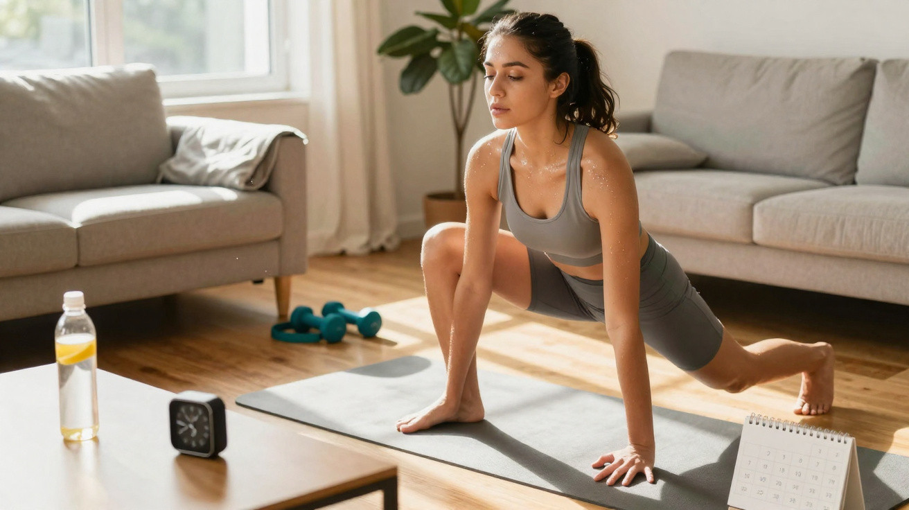 Mulher fazendo alongamento em tapete de yoga na sala, ao lado de halteres e garrafa de água.