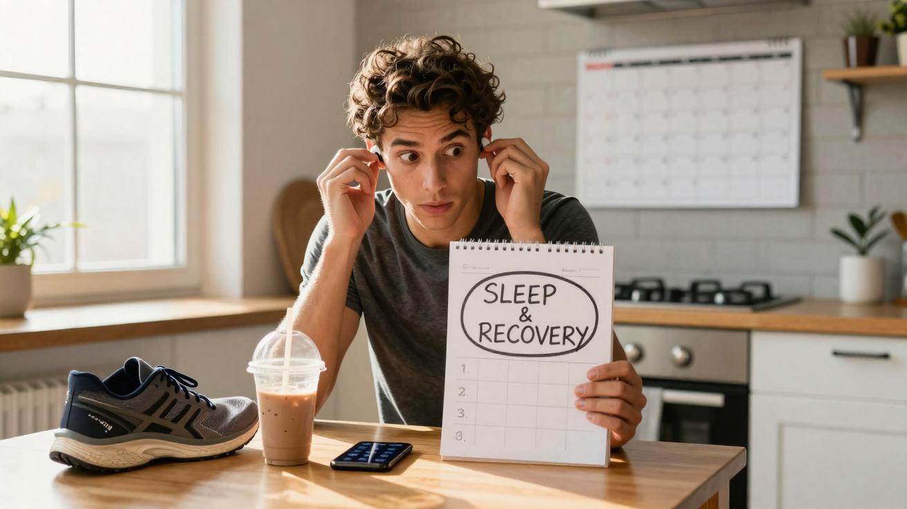 Jovem segurando caderno com mensagem "Sleep & Recovery" sentado em mesa com tênis, bebida e celular na cozinha.