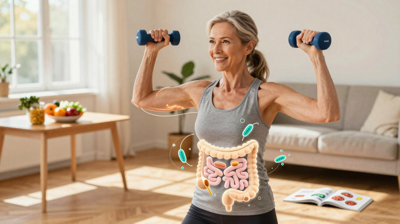 Mulher madura fazendo exercício com pesos e ilustração do sistema digestivo sobreposta no corpo.