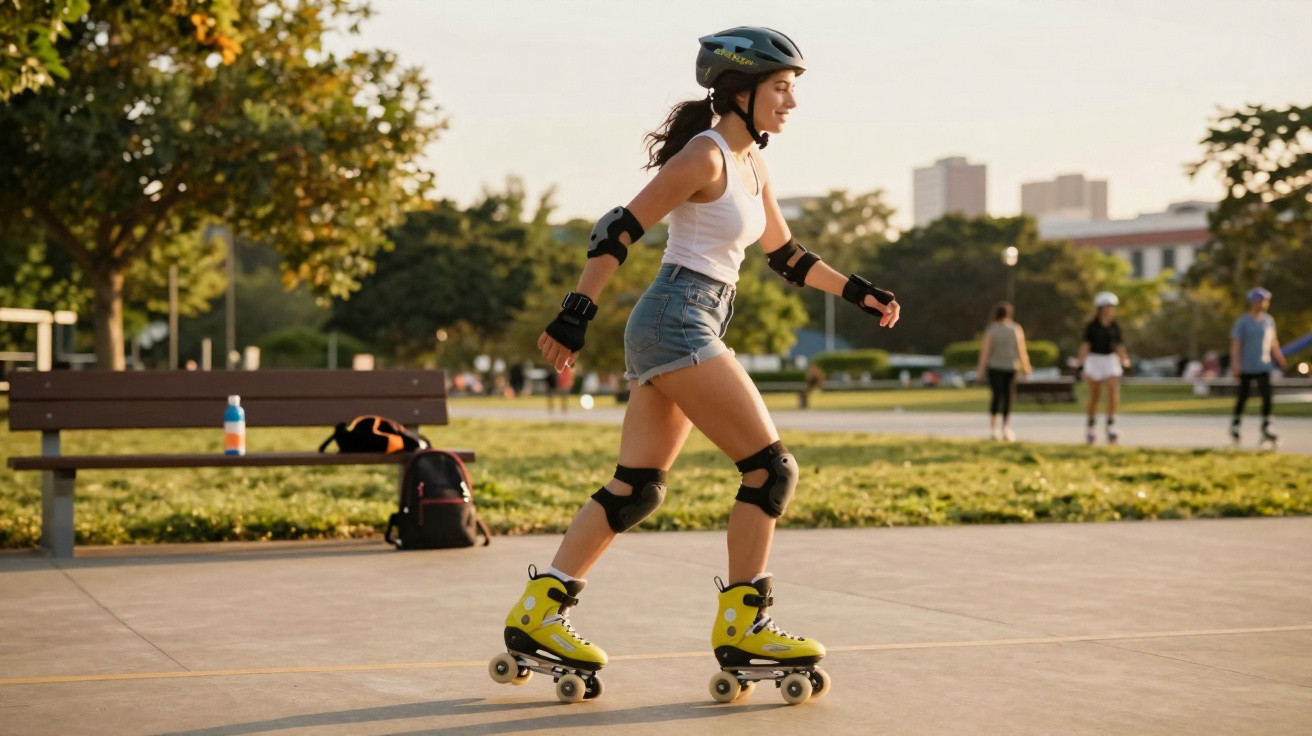 Mulher jovem andando de patins amarelos em parque, usando capacete e equipamentos de proteção.