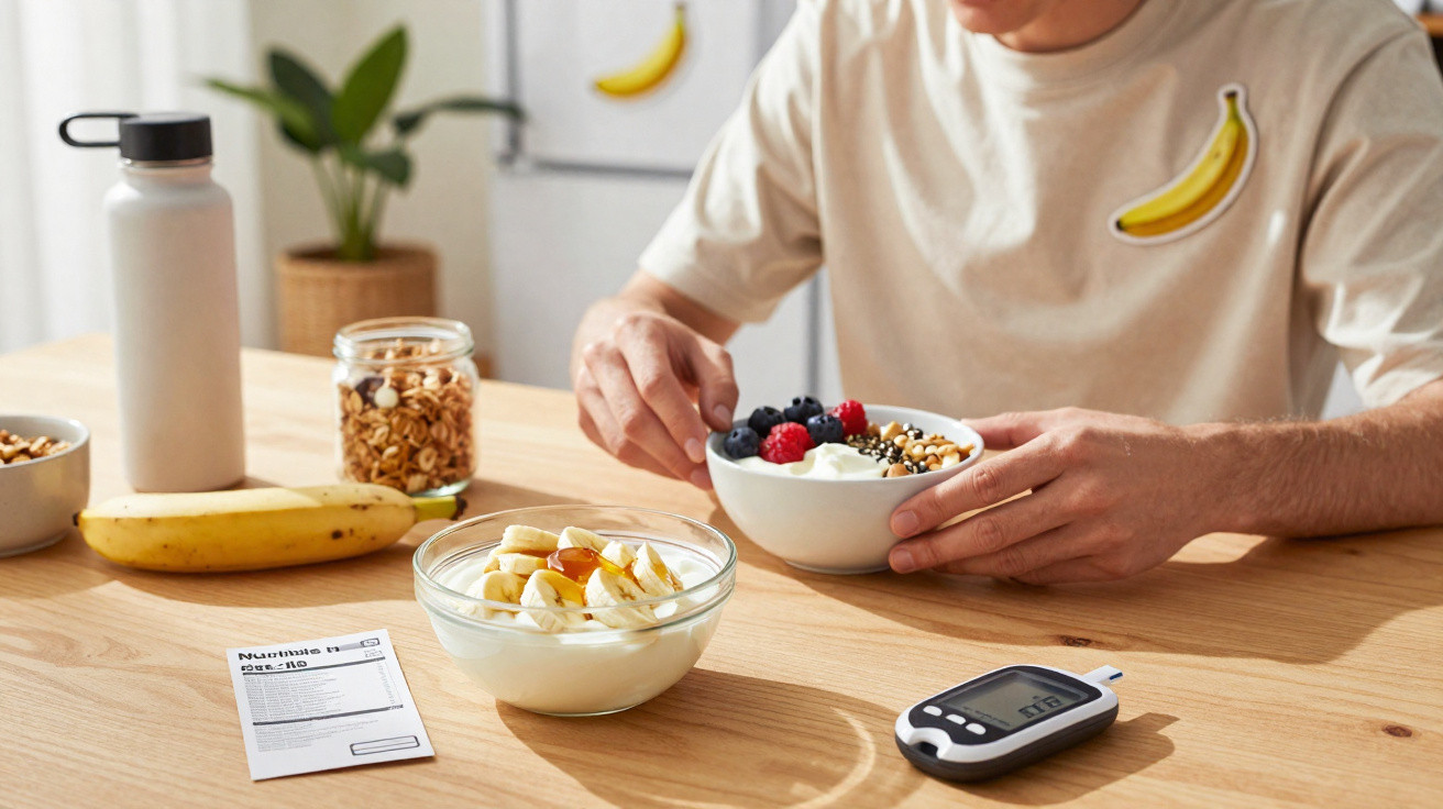 Pessoa pegando tigela de iogurte com frutas e granola, frutas e medidor de glicose na mesa de madeira.