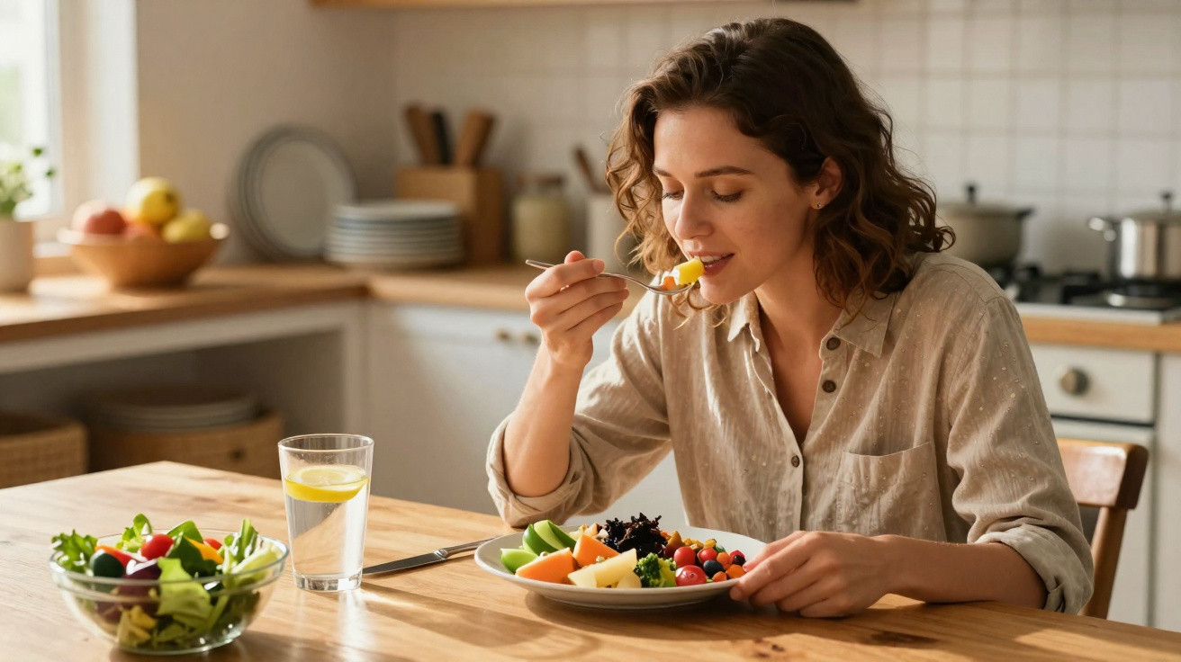 Mulher comendo salada variada sentada à mesa de madeira clara em cozinha iluminada.