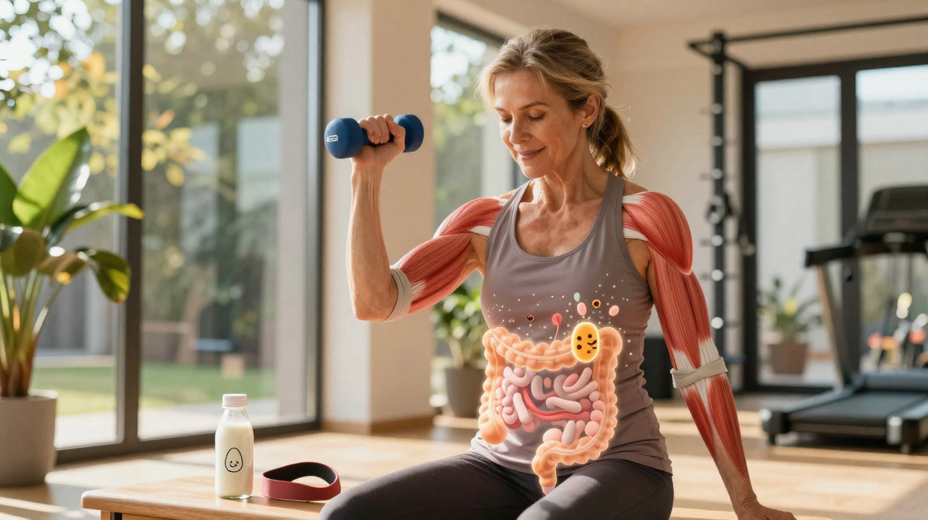 Mulher fazendo exercício com halter e foco no sistema muscular e digestivo em ambiente claro.
