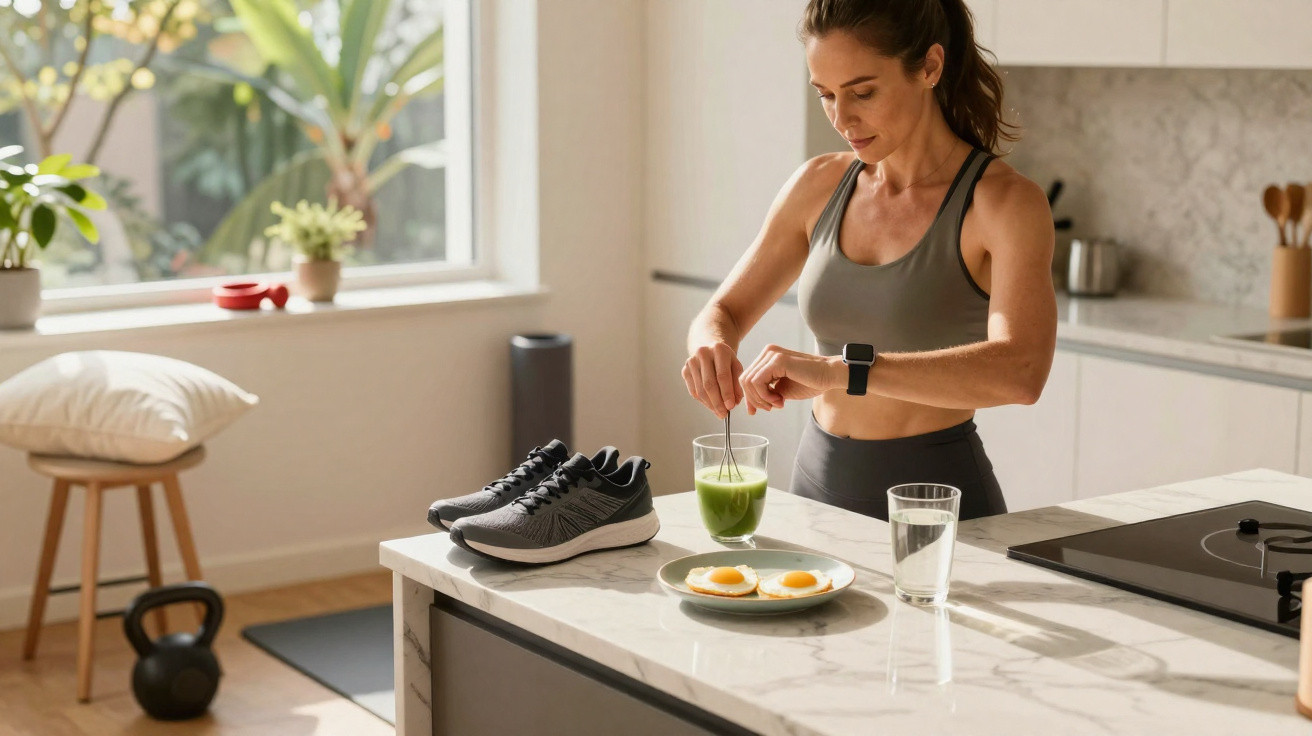 Mulher preparando suco verde na cozinha, com ovos, tênis e halteres ao fundo.