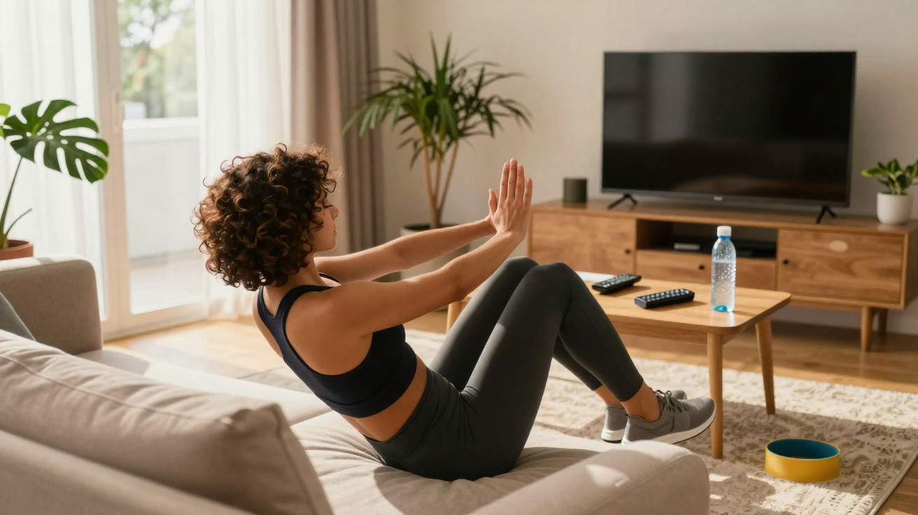 Mulher com roupa esportiva fazendo exercício abdominal em sofá na sala de estar iluminada.