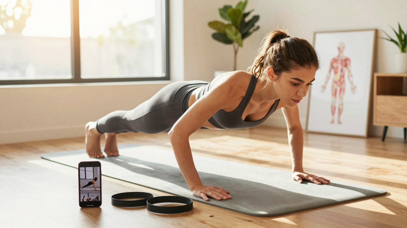 Mulher fazendo flexão de braços em tapete de yoga, acompanhando exercício por celular no chão da sala.