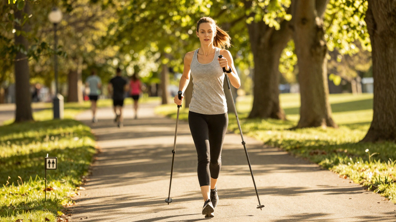 Mulher caminhando com bastões de caminhada em parque arborizado em dia ensolarado.