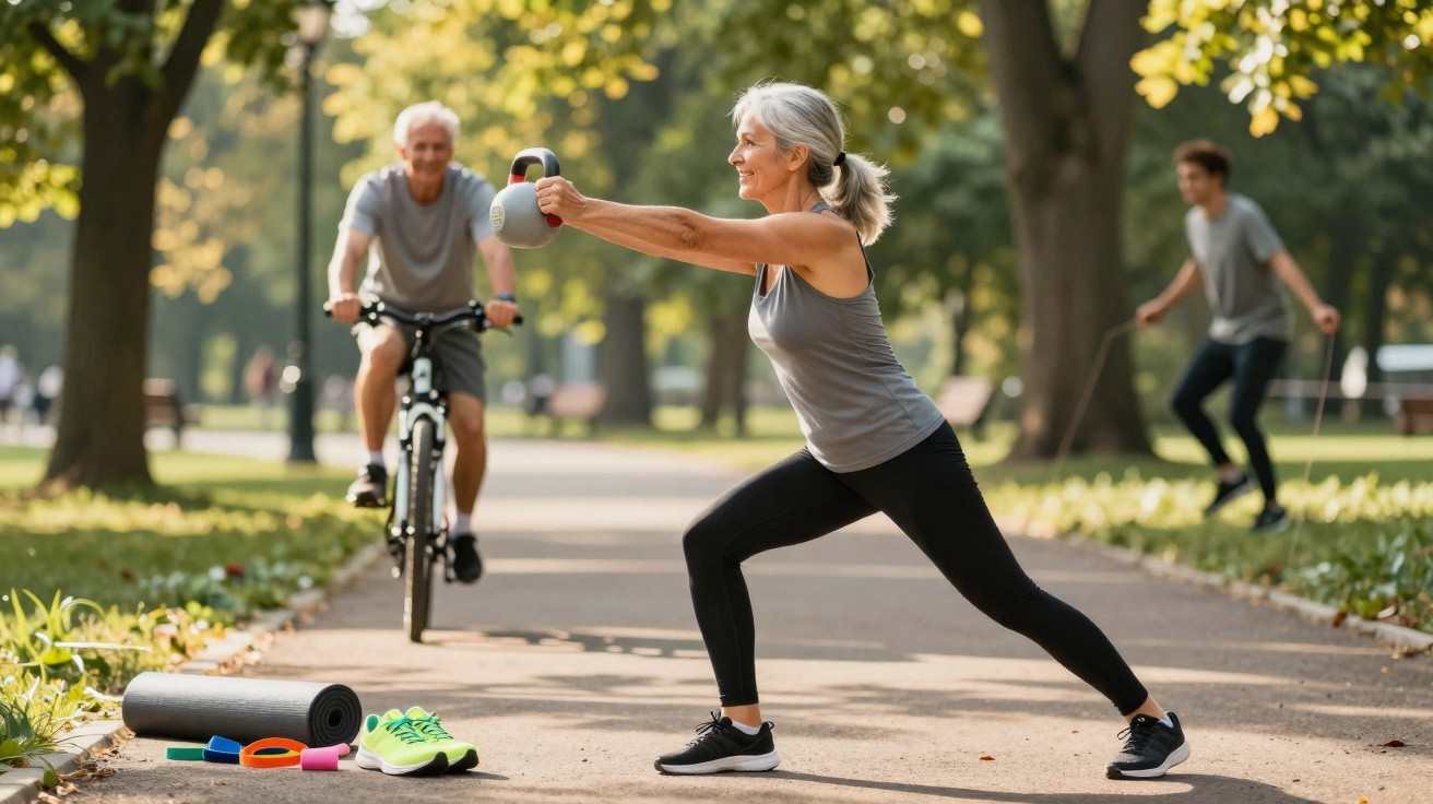Mulher madura fazendo exercício com kettlebell em parque, homem andando de bicicleta e outro pulando corda ao fundo.