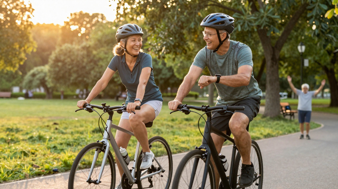 Casal de idosos sorrindo e pedalando de bicicleta em parque ao pôr do sol.