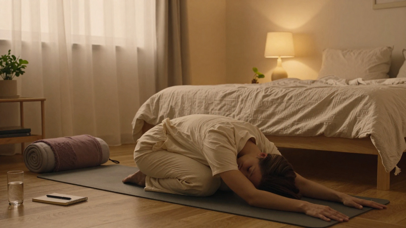 Pessoa fazendo alongamento ou yoga no tapete em quarto iluminado por abajur, com cama e cortinas ao fundo.