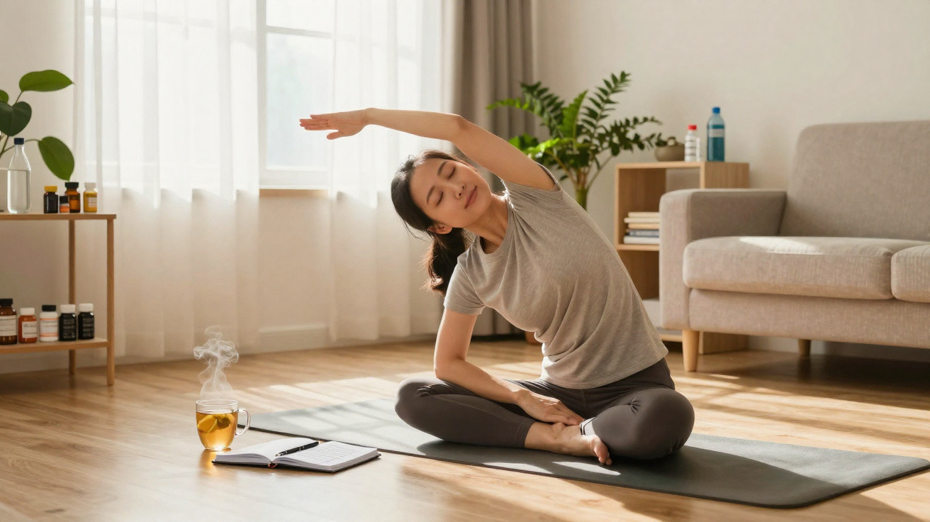 Mulher fazendo alongamento sentado no tapete de yoga em sala iluminada com chá e caderno ao lado.