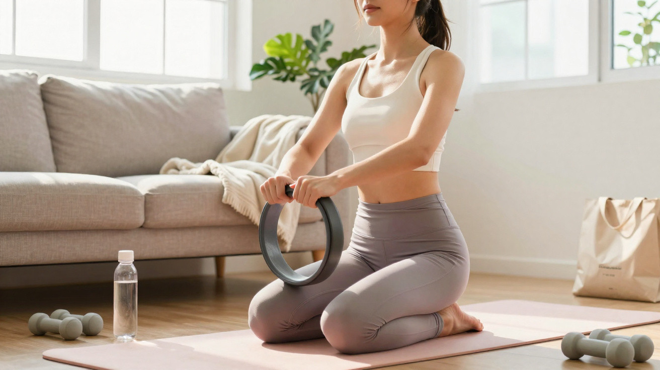 Mulher fazendo exercícios com anel de pilates em tapete de yoga na sala iluminada e arejada.