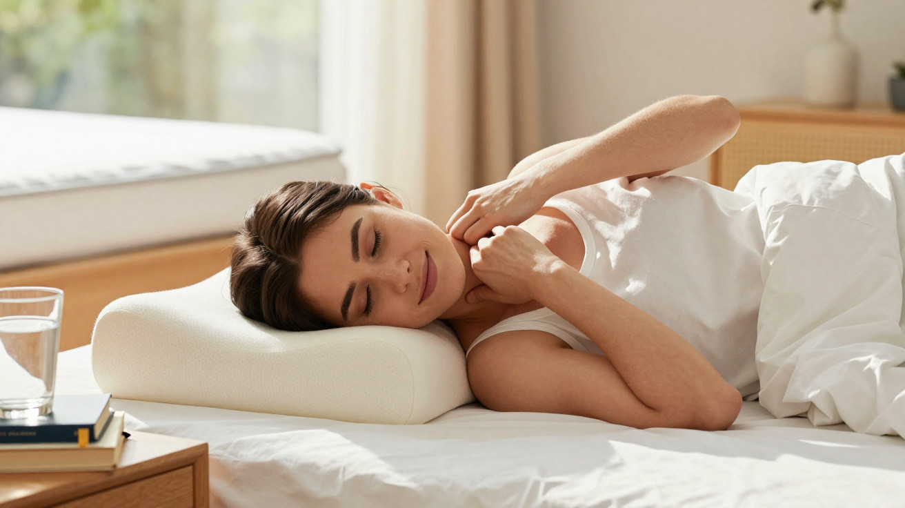 Mulher dormindo tranquila de lado em cama branca com travesseiro ergonômico, ao lado vidro d’água e livros.