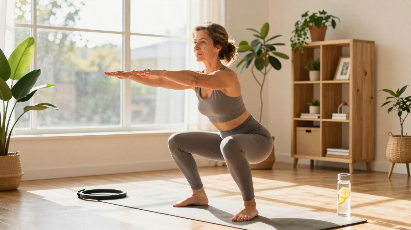 Mulher sorridente praticando agachamento em tapete de yoga em sala clara com plantas e garrafa d'água.