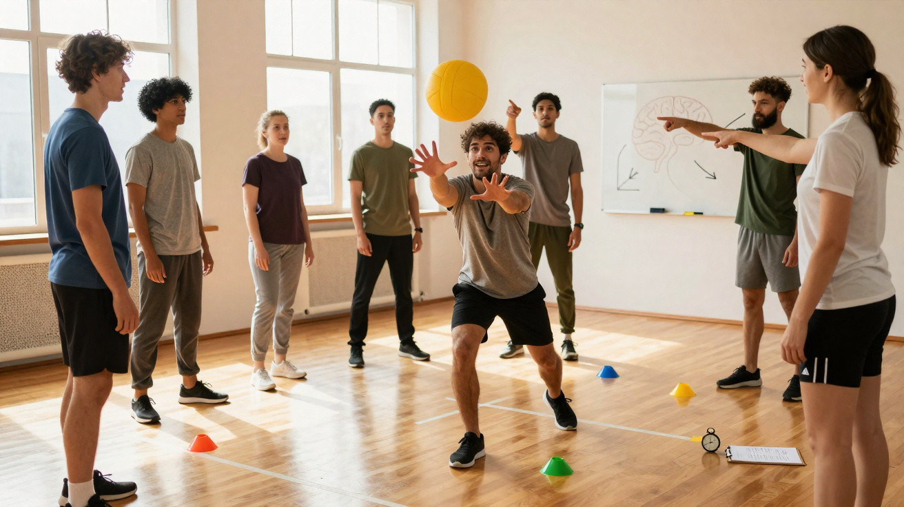 Grupo de jovens jogando bola em sala com piso de madeira e cones coloridos no chão.