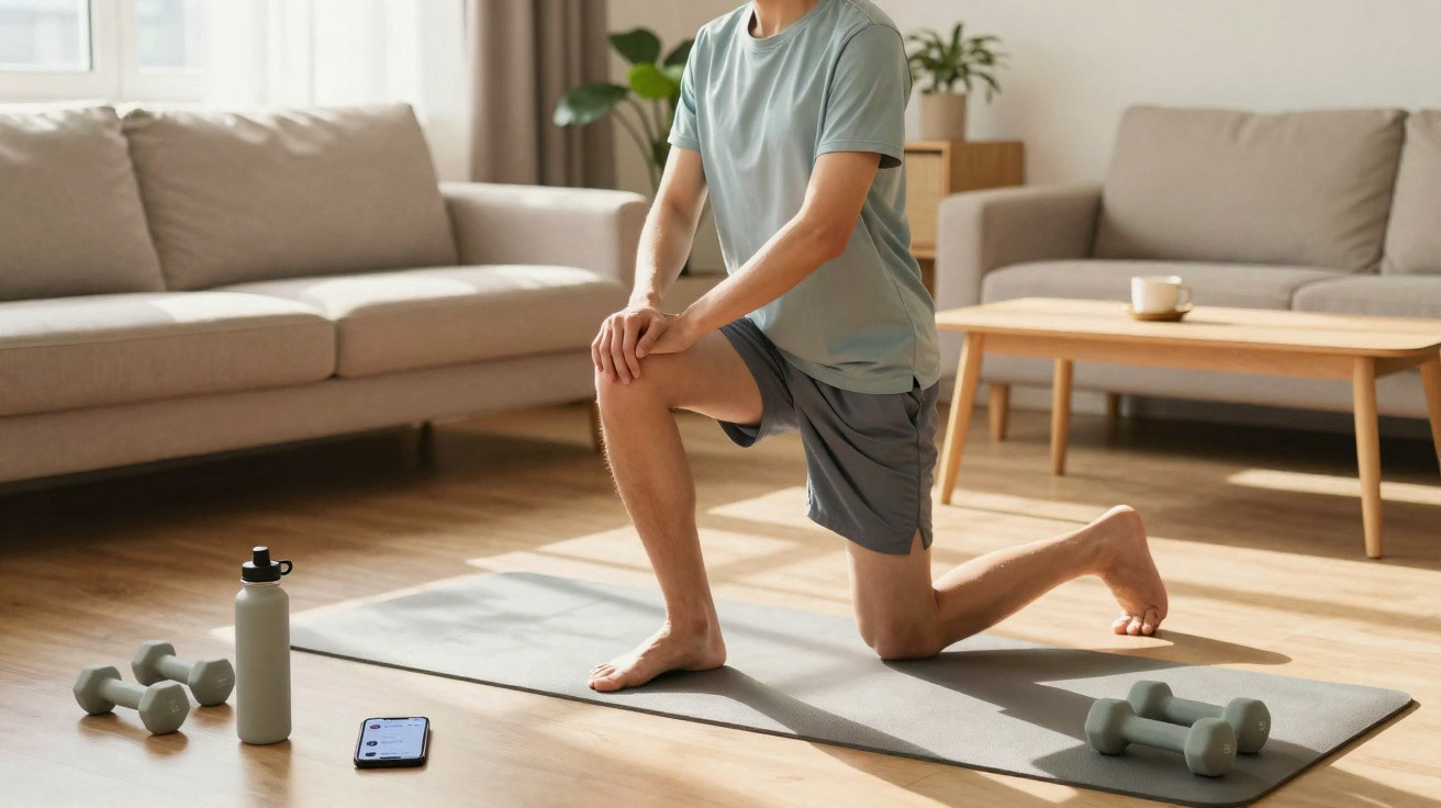 Pessoa fazendo alongamento de joelho em tapete de yoga em sala de estar iluminada.