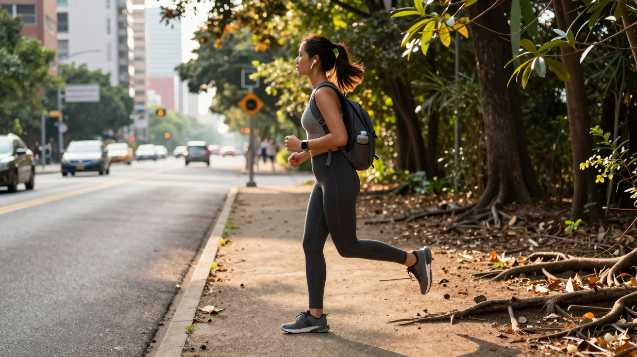 Mulher correndo com mochila e roupa esportiva ao lado de rua e árvores ao fundo.