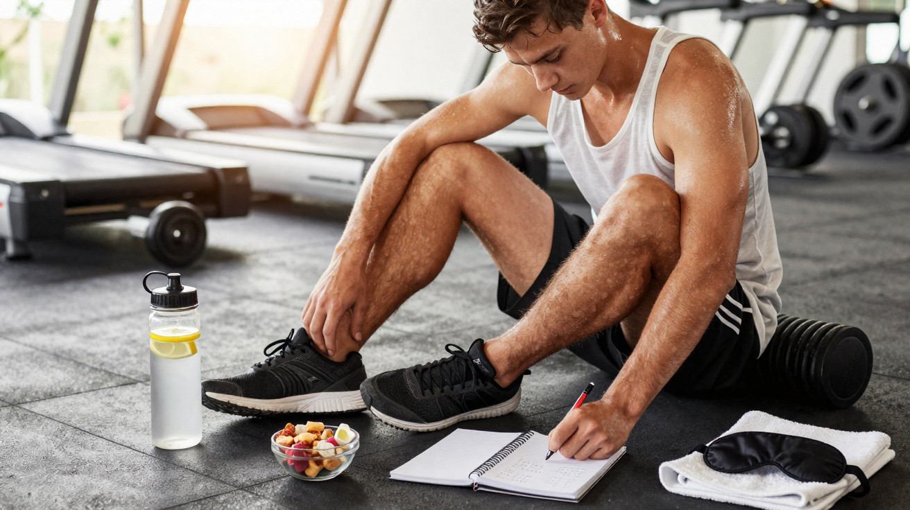 Homem suado sentado na academia, usando rolo de espuma, anotando em caderno com garrafa d'água e frutas ao lado.